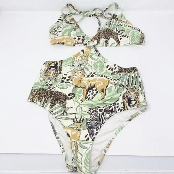 Aerie Cheeky Tropical Animal Print One Piece  Cut Outs V-Neck Zoo Animals - Picture 2 of 6